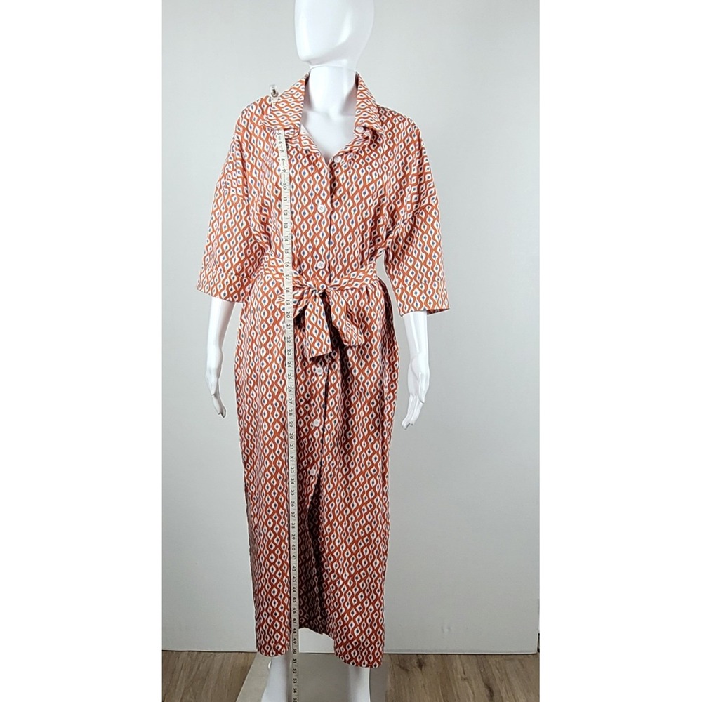 Geometric Print Maxi Shirt Dress Women OS Orange Blue Excellent Belted - XL - Picture 3 of 11